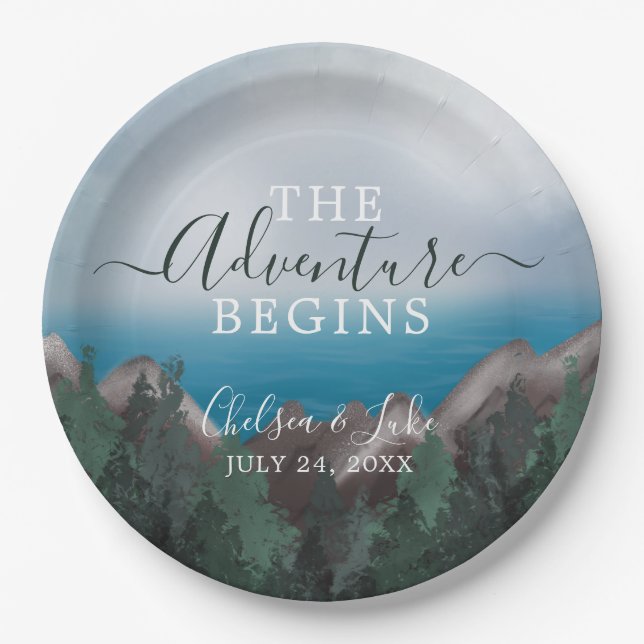 Mountain Meets Ocean The Adventure Begins Wedding Paper Plates (Front)