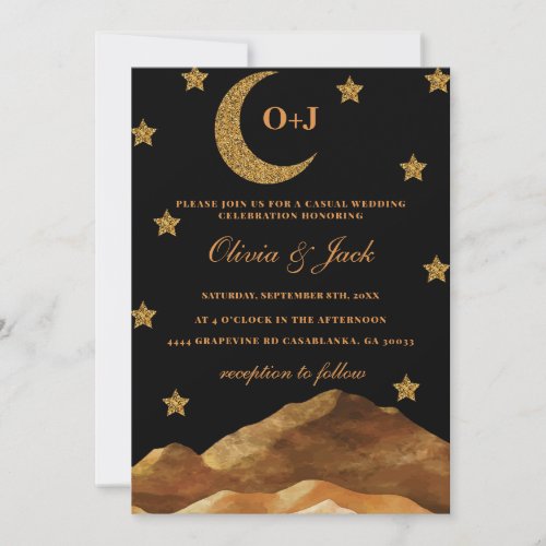 Mountain moon night black watercolor gold  Wedding Invitation