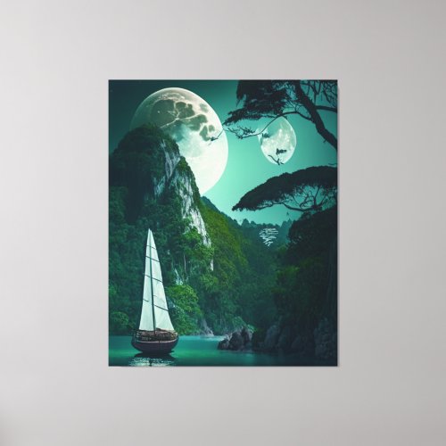 Mountain moon sail boat ocean Canvas Art