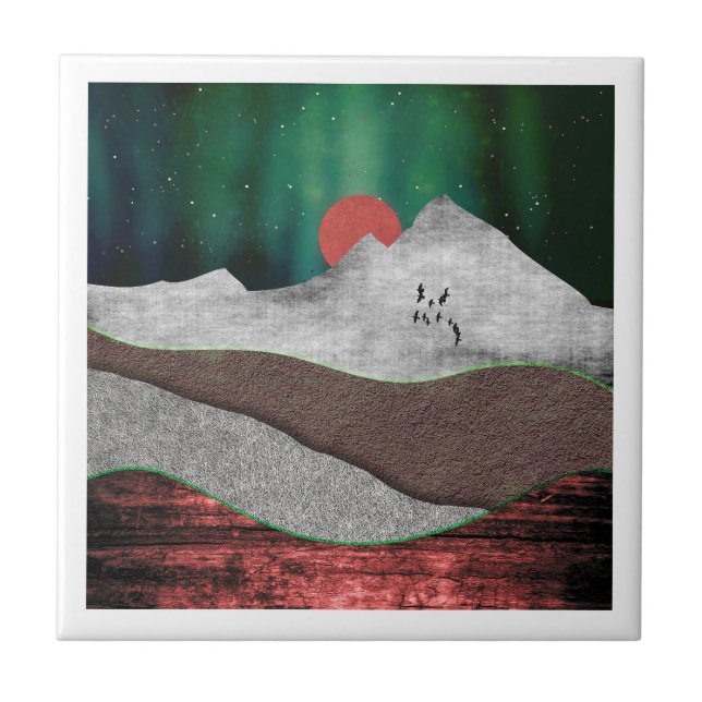 Mountain Northern Lights Ceramic Tile (Front)