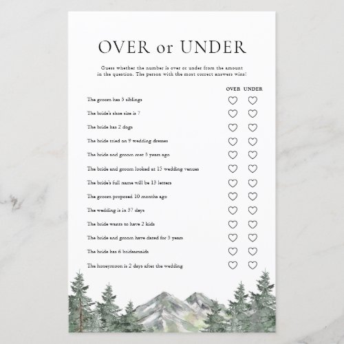 Mountain Over Or Under Bridal Shower Game
