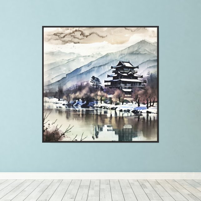 Mountain Pagoda On River (winter) Canvas Print (Insitu(Wood Floor))