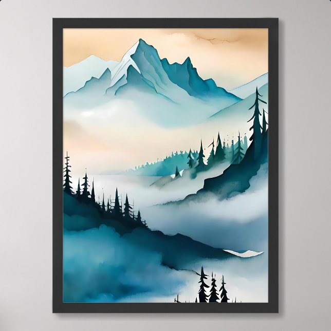 mountain painting blue hill fog cloud pine tree poster (mountain painting blue hill fog cloud pine tree)