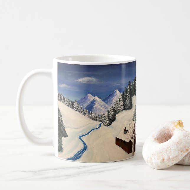 Mountain Painting Cabin Wilderness Coffee Mug (With Donut)