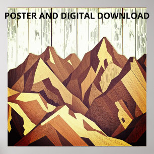 Mountain Panorama on Rustic Wooden Background Poster