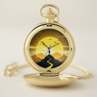 Mountain Peak Silhouette with a winding. Pedestal Pocket Watch