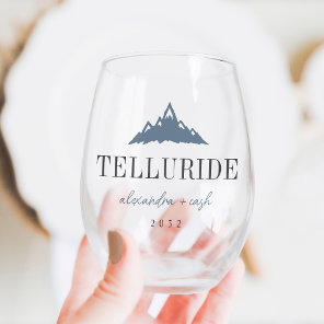 Mountain Peaks Destination Wedding Favor Stemless Wine Glass