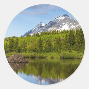 Mountain Peaks Reflect Into A Beaver Pond Classic Round Sticker