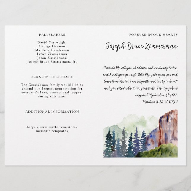 Mountain Photo Funeral Memorial Bifold Program  (Front)