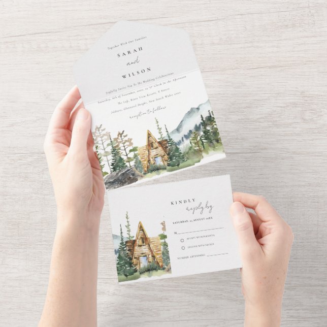 Mountain Pine Forest Wood Cabin Wedding Invite (Tearaway)