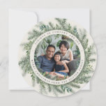 Mountain Pine | Round Holiday Photo Card<br><div class="desc">Elegant holiday photo card in a unique round shape features a favorite photo surrounded by a wreath of lush green botanical pine foliage on a chic warm ivory background. Personalize with a custom holiday greeting (shown with "tidings of comfort and joy"),  and your names curved around the photo.</div>