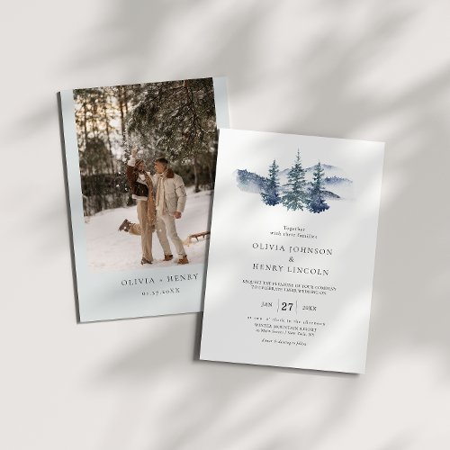 Mountain Pine Tree Winter Wedding Photo Invitation