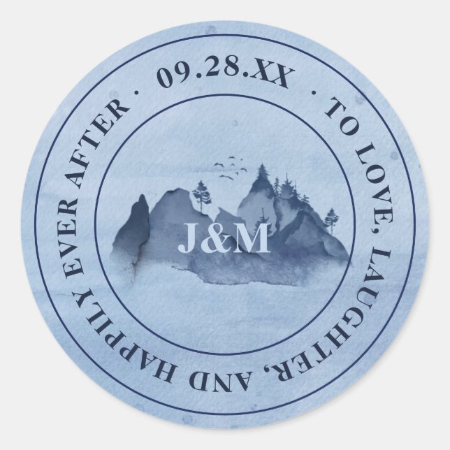 Mountain Pine Trees Blue Monogram Wedding Classic Round Sticker (Front)