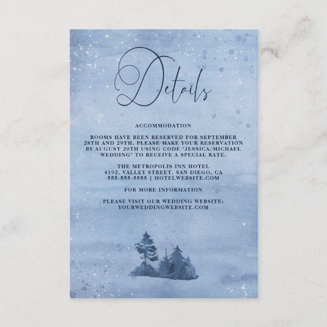 Mountain Pine Trees Blue Winter Wedding Details Enclosure Card (Front)