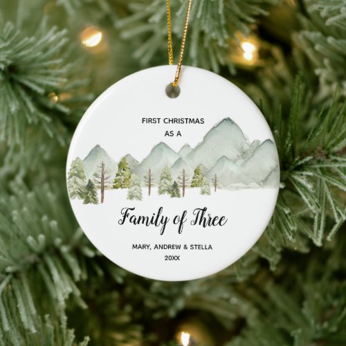 Mountain Pine Trees Christmas as a Family of Three Ceramic Ornament