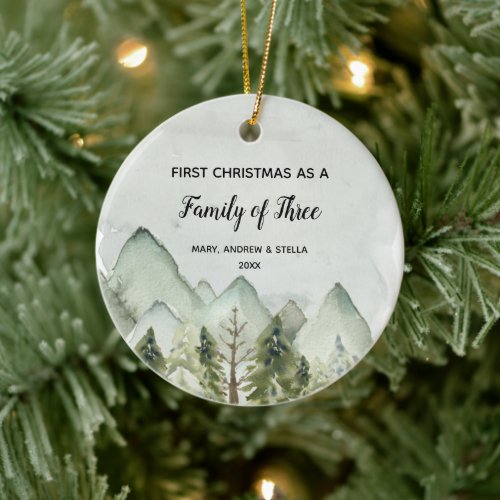 Mountain Pine Trees Christmas as a Family of Three Ceramic Ornament