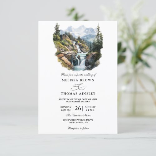 Mountain Pine Trees Forest Budget QR Code Wedding Invitation