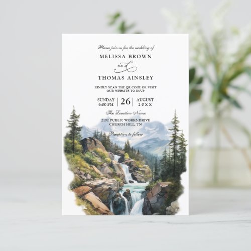 Mountain Pine Trees Forest Budget QR Code Wedding Invitation