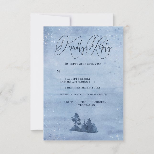 Mountain Pine Trees Light Blue Winter Wedding Meal RSVP Card (Front)