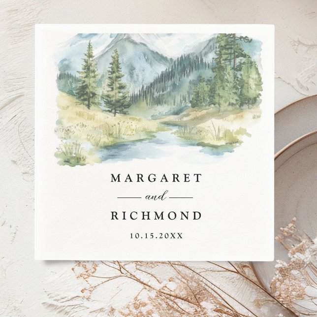 Mountain Pine Trees Rustic Wedding Paper Napkin (Creator Uploaded)