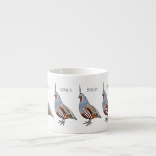 Mountain quail bird cartoon illustration  espresso cup
