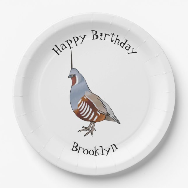 Mountain quail bird cartoon illustration paper plates (Front)