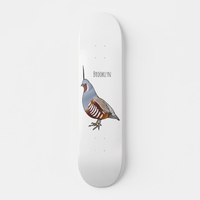 Mountain quail bird cartoon illustration skateboard (Front)
