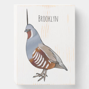 Mountain quail bird cartoon illustration  wooden box sign