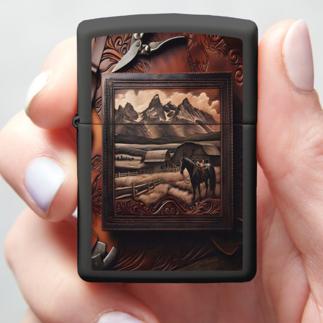Mountain Ranch Leather Artwork Zippo Lighter (In Hand)