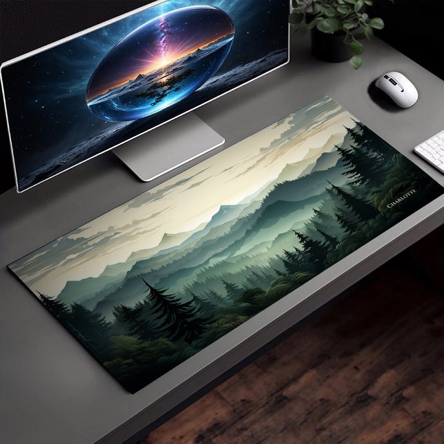 Mountain Range Pine Forest View Dark Green Theme Desk Mat (Creator Uploaded)