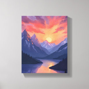 Mountain Range Sunset Watercolor Lake Landscape Canvas Print