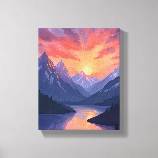Mountain Range Sunset | Watercolor Lake Landscape Canvas Print | Zazzle