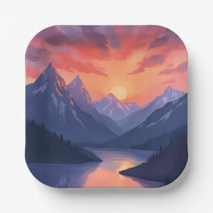 Mountain Range Sunset Watercolor Lake Landscape Paper Plates