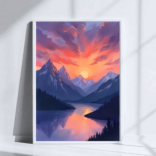 Mountain Range Sunset   Watercolor Lake Landscape Poster