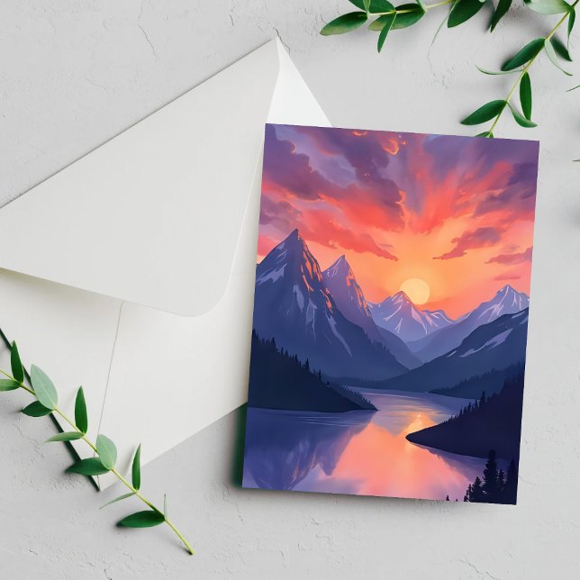 Mountain Range Sunset Watercolor Lake Painted Card (Creator Uploaded)