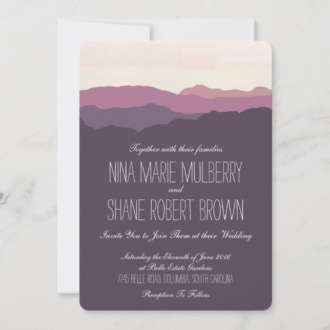 "Mountain Range" Wedding Invitation 5"x7" Purple (Front)