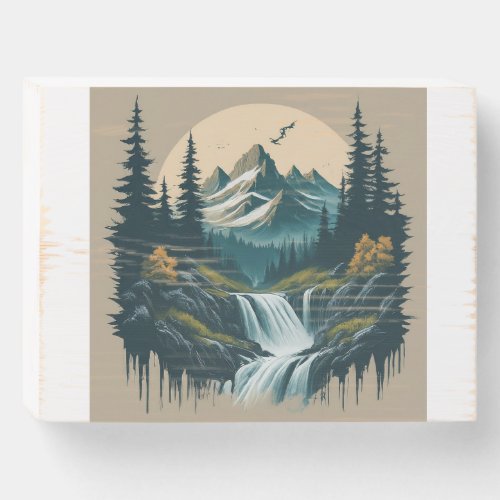 Mountain Range With WaterFall Wooden Box Sign