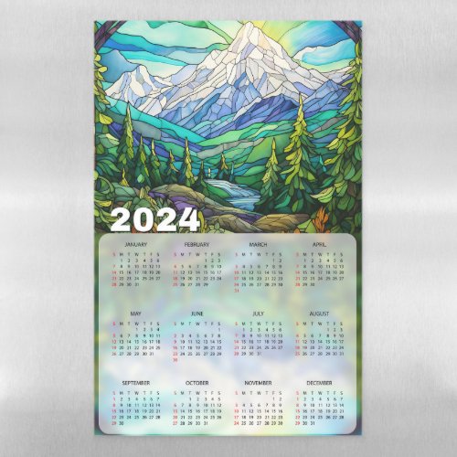 Mountain Ranges Scene Stained Glass 2024 Calendar Magnetic Dry Erase Sheet