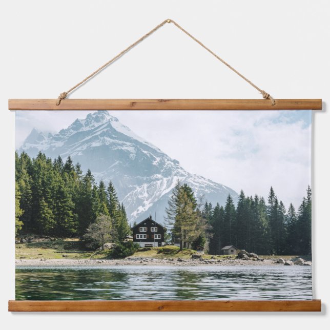 Mountain Retreat – Lakeside Cabin Serenity Hanging Tapestry (Front)