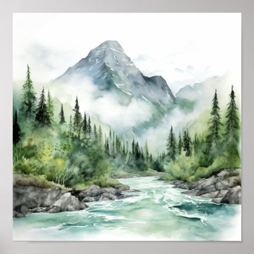  Mountain River Alaska Watercolor Painting Poster
