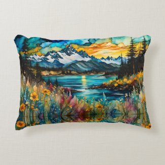 Mountain River and Wildflowers Landscape
