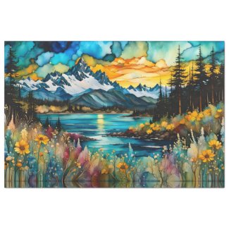 Mountain River and Wildflowers Landscape