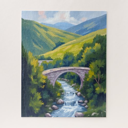 Mountain River Bridge Green Watercolor Landscape Jigsaw Puzzle