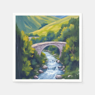 Mountain River Bridge Green Watercolor Landscape Napkins
