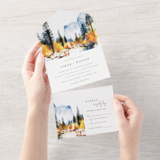 Mountain River Fall Winter Landscape Wedding All In One Invitation (Tearaway)