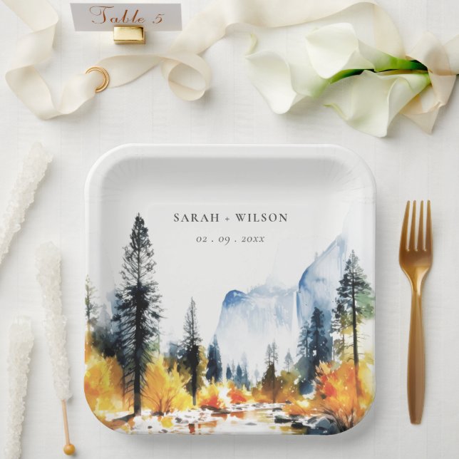 Mountain River Fall Winter Landscape Wedding Paper Plates (Wedding)