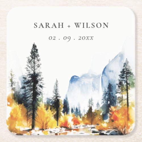 Mountain River Fall Winter Landscape Wedding Square Paper Coaster