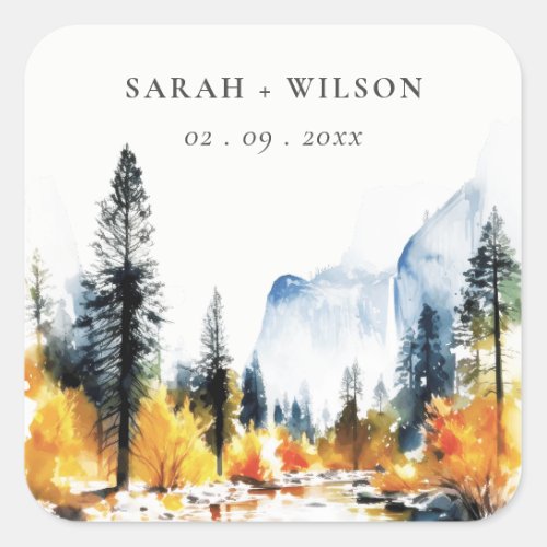 Mountain River Fall Winter Landscape Wedding Square Sticker