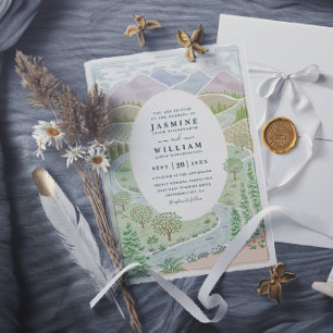Mountain River Forest Trees Rustic Lake Wedding Invitation