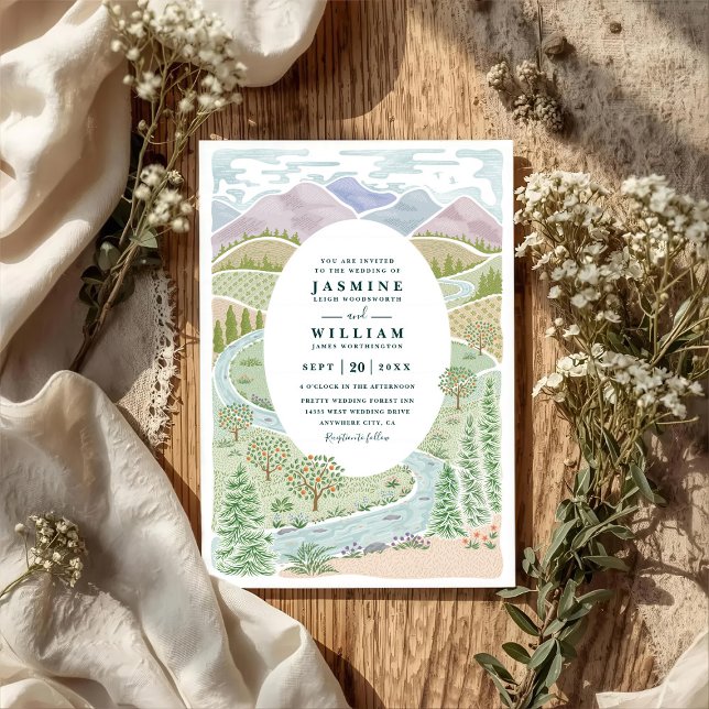 Mountain River Forest Trees Rustic QR Code Wedding Invitation (Creator Uploaded)